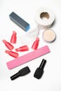 Manicure set. Tools, nail file, gel polish, acrylic powder on a Royalty Free Stock Photo