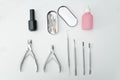 Manicure set. Tools, scissors and care products. White background. Royalty Free Stock Photo