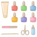 Manicure Set vector. Lipsticks, creams, nail file, scissors liquid nail polish remover.