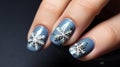 Manicure with snowflakes on nails with colored gel on a square shaped nails. Christmas festive nail art, Nail Paint, Nail Polish Royalty Free Stock Photo