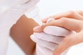 Manicure specialist's hands applying glue for nail Royalty Free Stock Photo