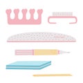 Manicure supplies and tools. Buffer for nails, orange stick, nail file, brush and finger separator. Vector Illustration for