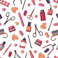 Manicure tools, nail polishes on white background vector seamless pattern. Fashionable background