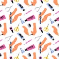 Manicure tools seamless pattern. Well groomed female hands. Nail file and scissors. Colored varnish application. Beauty