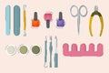 Manicure tools vector set. Manicure accessories, beauty salon. Nail scissors, nail file, nail polish. Cartoon illustration. Royalty Free Stock Photo