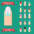 Manicure types. Nail design, art vector set. Trendy styles and polish
