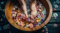 Manicured female feet in spa wooden bowl with flowers and water closeup, generative ai Royalty Free Stock Photo