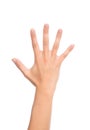 Manicured female open hand gesture number five fingers up