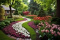 Manicured Flower beds paths backyard. Generate Ai