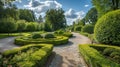 Manicured garden pathway with trimmed hedges and cobblestone walkway