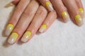 Manicured hands of a beautiful woman. Delicate nails with colorful manicure