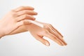 Manicured hands with moisturizer.Hand lotion. Skin care Royalty Free Stock Photo