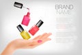 Manicured hands and several nail lacquer bottles. Royalty Free Stock Photo