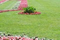 Manicured lawn with red flower beds in the park garden Royalty Free Stock Photo