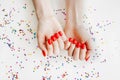 Manicured woman& x27;s nails with red nail polish. Royalty Free Stock Photo