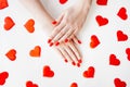 Manicured woman& x27;s nails with red nail polish. Royalty Free Stock Photo