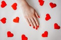 Manicured woman& x27;s nails with red nail polish. Royalty Free Stock Photo