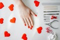 Manicured woman's nails with red nail polish. Royalty Free Stock Photo