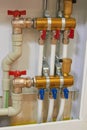 Manifold of underfloor heating system, Modern heating equipment,distribution unit of the underfloor heating collector Royalty Free Stock Photo