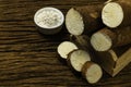 Manihot esculenta. Cassava, yuca, manioc, mandioca, Brazilian arrowroot. Tapioca on wooden background old. Selective focus Royalty Free Stock Photo