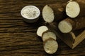 Manihot esculenta. Cassava, yuca, manioc, mandioca, Brazilian arrowroot. Tapioca on wooden background old. Selective focus Royalty Free Stock Photo