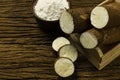 Manihot esculenta. Cassava, yuca, manioc, mandioca, Brazilian arrowroot. Tapioca on wooden background old. Selective focus Royalty Free Stock Photo