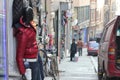 Maniken in the foreground in Istanbul small street with shops ands stores