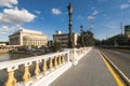 Manila, Philippines - Walking at the sidewalk of Jones Bridge. Ornate light posts adorn the refurbished walkway