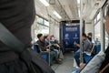 Manila, Philippines: Filipino commuters inside the female cabin in an LRT Line 1 train. Inside Light Rail Transit 1.