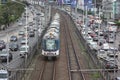 Heavy traffic, many cars and MRT train on Edsa road in rush hour Royalty Free Stock Photo