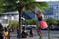 Zumba Dancing instructor leading mature women in morning exercise