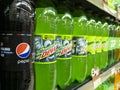 Manila, Philippines - 1.5 liter PET bottles of Pepsi Max and Regular Mountain Dew soda for sale at the supermarket Royalty Free Stock Photo