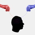 Manipulation from two sides, propaganda. Confusion, doubts, contradictions, analysis in person mind. Red and blue hands