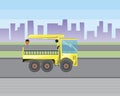 Manipulator with a crane or truck driving along the road to the city, flat vector stock illustration with a heavy machine as a