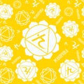 Manipura chakras seamless pattern. Vector esoteric background. Hinduism, buddhism. Line symbol. Yellow color