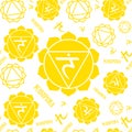 Manipura chakras seamless pattern. Vector esoteric background. Hinduism, buddhism. Line symbol. Yellow color