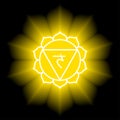 Manipura icon. The third sun chakra. Vector yellow gloss and shine. Line symbol. Sacral sign. Meditation