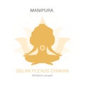 Manipura location. Third, solar plexus chakra symbol. Female silhouette meditating in lotus position. Work with Royalty Free Stock Photo