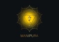 Manipura, solar plexus chakra symbol. Yellow ang gold logo template, colorful mandala. Spiritual meditation element vector sign