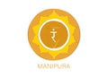 Manipura, solar plexus chakra symbol. Yellow logo template, colorful mandala. Spiritual meditation element vector isolated Royalty Free Stock Photo