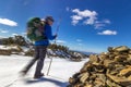 Manjarin, Spain - Young Pilgrim Girl Trudging through the Snow along the Way of St James Camino de Santiago