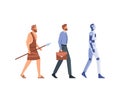 Mankind Development Concept. Male Character Evolution from Caveman to Businessman and Cyborg. Robot Growth Process