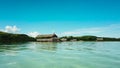 Manlawi Sandbar floating cottages in Caramoan Islands. A lagoon with floating crotches, top view.