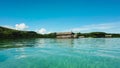 A lagoon with floating crotches, top view. Manlawi Sandbar floating cottages in Caramoan Islands.