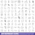 100 manmade icons set, outline style