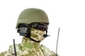Mannequin in army uniform and equipment. Safety helmet and goggles. Special n radio communication device. Modern warfar