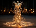 a mannequin dressed in a gold dress with lights