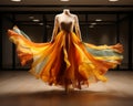 a mannequin dressed in an orange and yellow dress