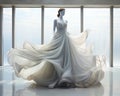 a mannequin dressed in a wedding dress is standing in front of large windows