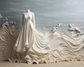 a mannequin dressed in a white dress is standing in front of waves